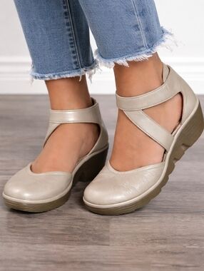 Fly London Leather Slingback Flats Taupe Metallic Comfort Shoes Chunky Sole
